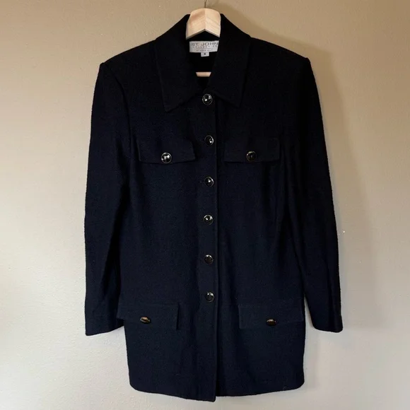 St. John Black Knit Long Tunic Cardigan Jacket Logo Button Size Medium - Picture 2 of 6